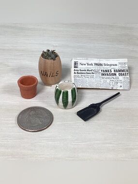 5 Dollhouse Miniature Accessories Nail Keg-Newspaper-Ceramic Planter-Coal Shovel